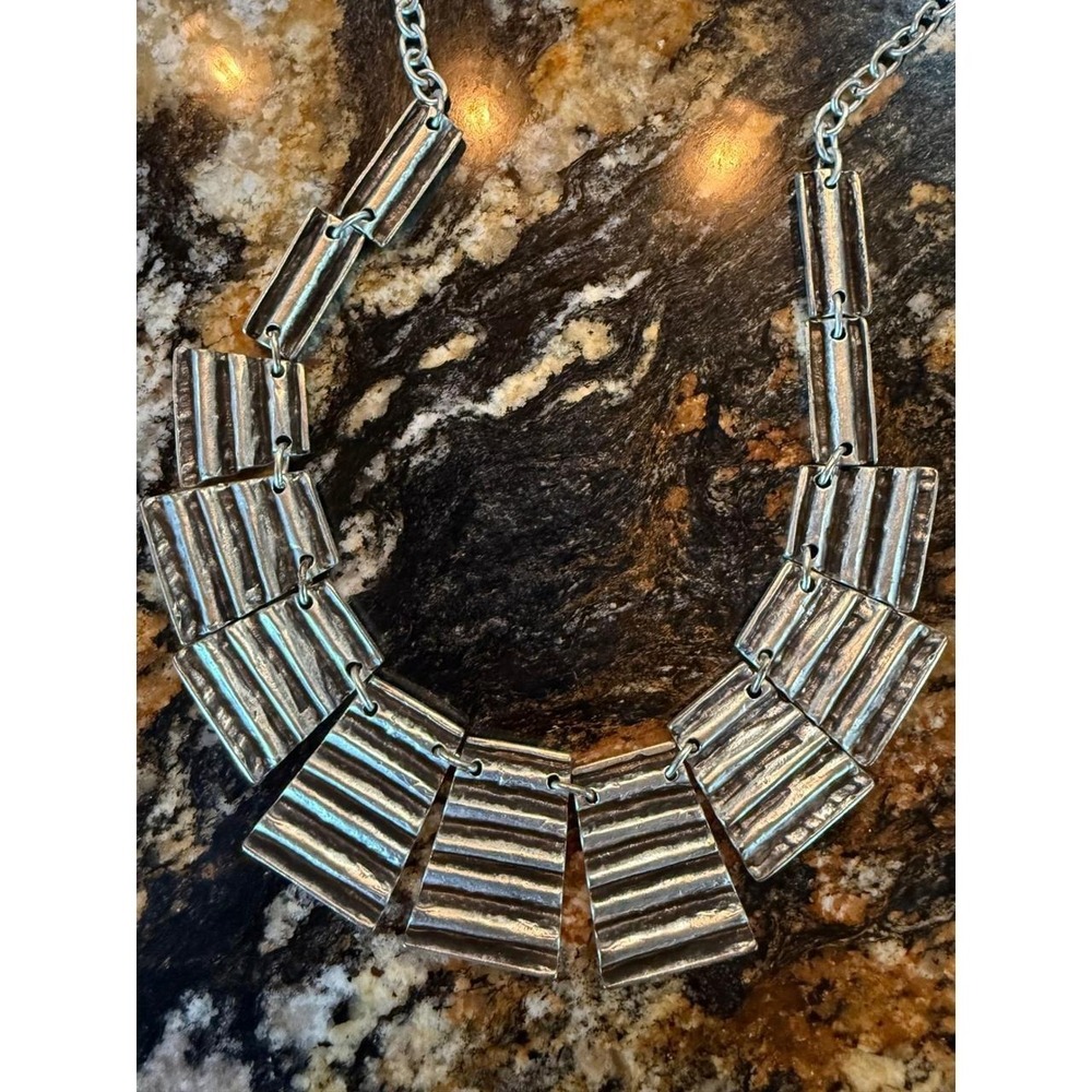 Vintage Turkish Ottoman Coin Brutalist Bib Necklace Silver Tone Ribbed Statement - Picture 5 of 7